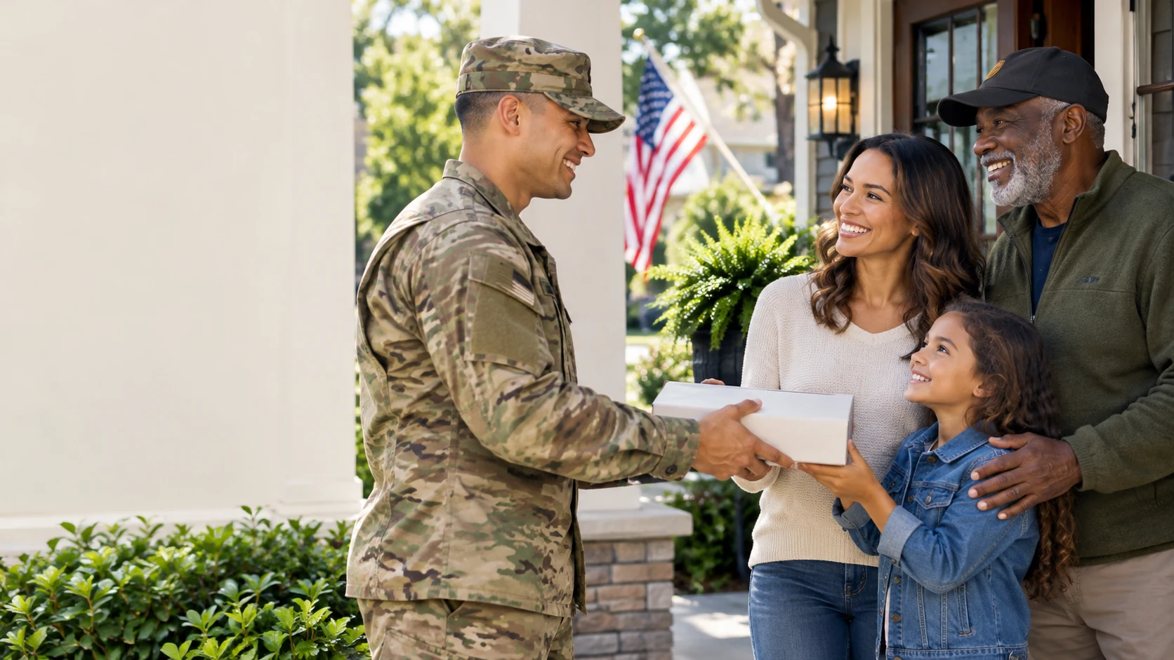 Service member at a family home with a military spouse, child, and veteran