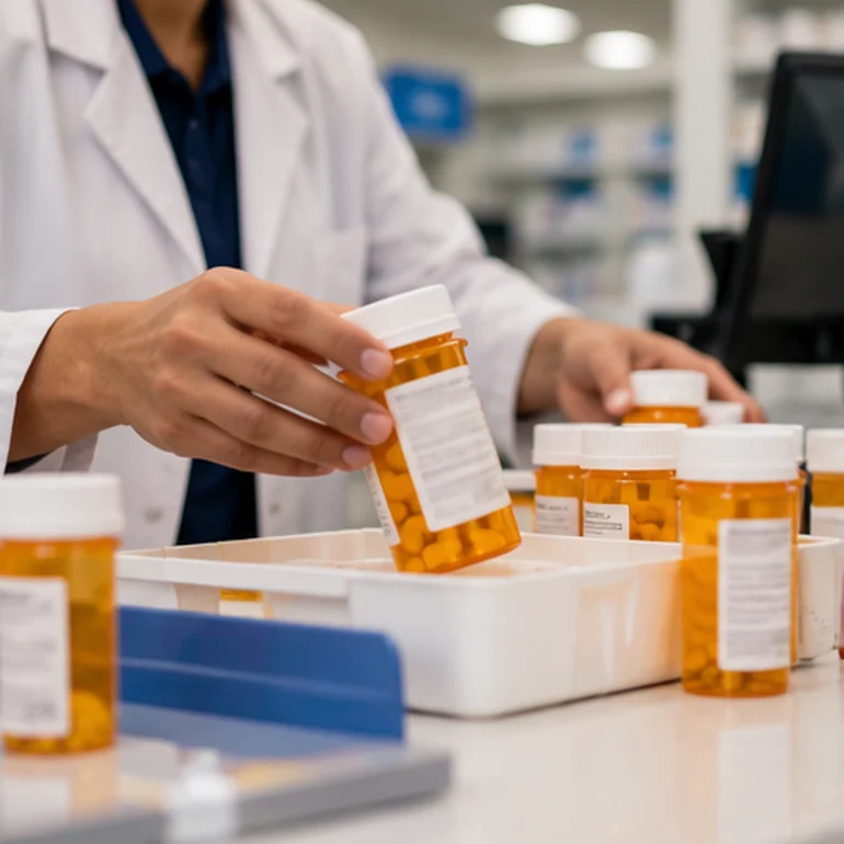 Pharmacist handling prescription containers